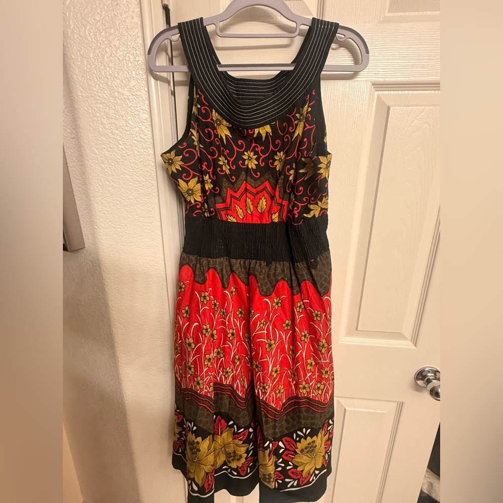 Love the neckline Black Floral Dress.Yellow & Red Print.Gathered umpired waist